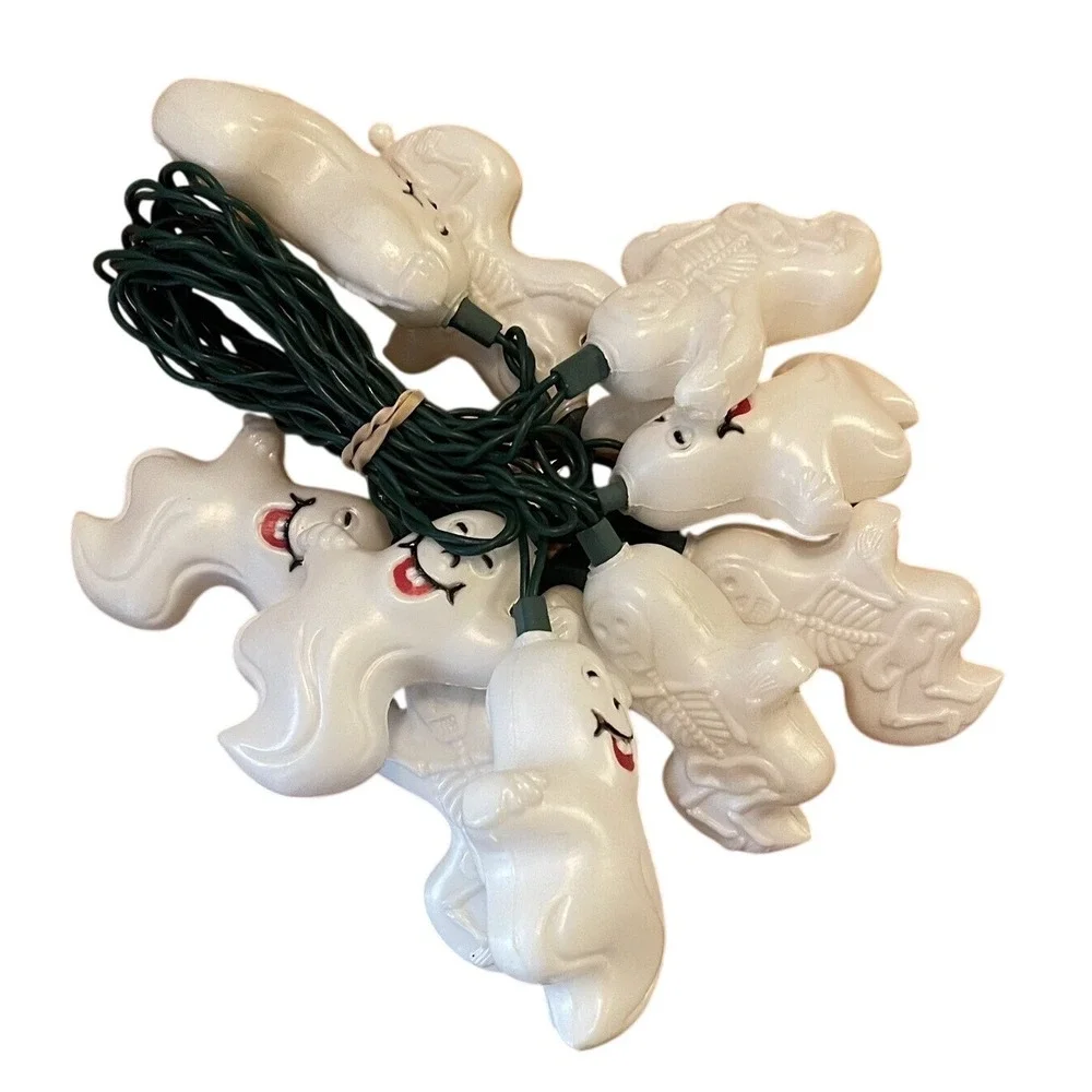 Vintage Happy Ghost Skeleton Bone Light Set Halloween Blow Mold Ghost Cover 90's